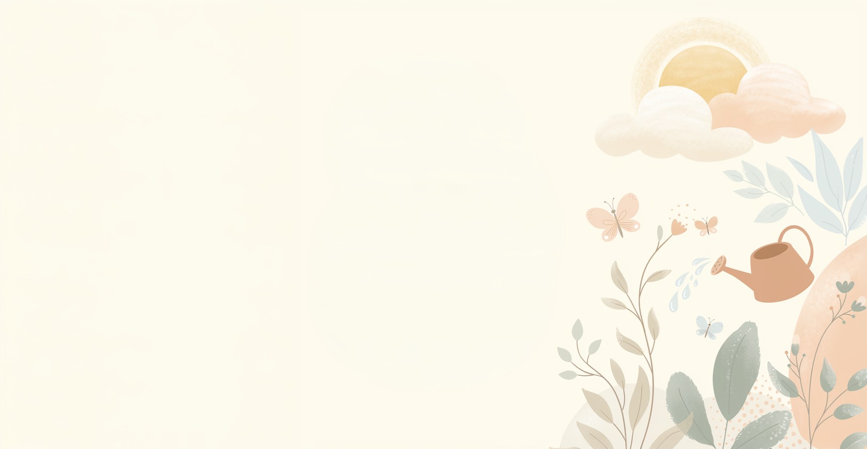 A soft sun and clouds above a watering can, butterflies, and leafy plants